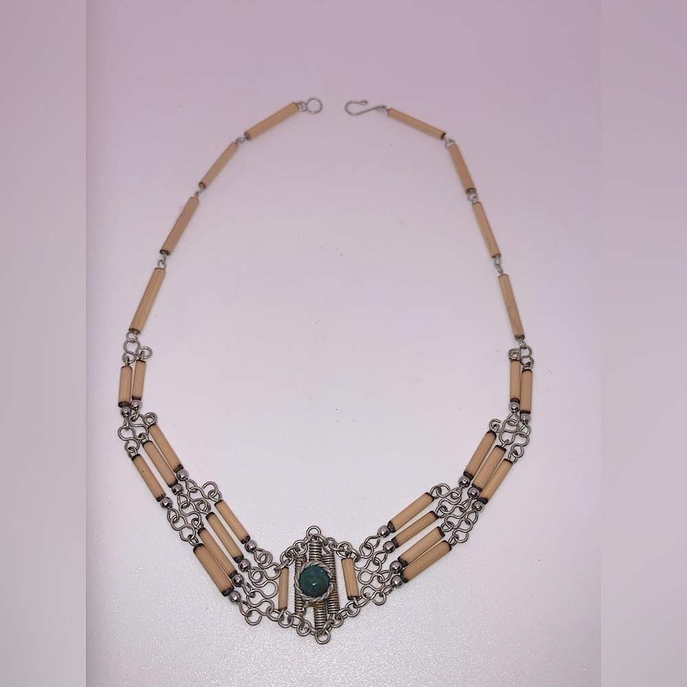 Vtg Turquoise Peruvian Bamboo Tube Bead Wire Wrapped Necklace 14”